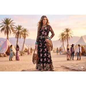 Women Embroidered Lace Floral Sheer Mesh Fairy Cochella Party Long Dress Small